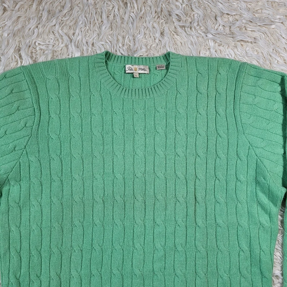 Peter Millar 100% Cashmere Green Cable Knit Sweater Size Large - Picture 2 of 14